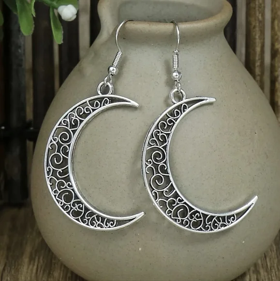 Boho Moon & Feather Hoop Earrings,Antique Silver Tone,3 Pairs Earrings Set - Picture 3 of 5
